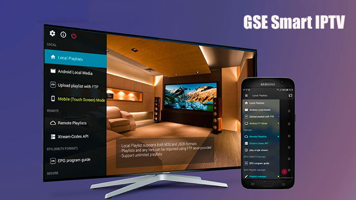 Smart IPTV GSE en televisor moderno y smartphone mostrando el menú de reproducción local, ideal para disfrutar de IPTV en MacOS y dispositivos móviles en un ambiente de sala elegante.RetryClaude can make mistakes. Please double-check responses.