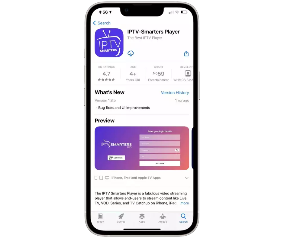 IPTV-Smarters Player con icono TV morado, 4.7 estrellas y pantalla de inicio para servicios IPTV en iPhone.RetryClaude can make mistakes. Please double-check responses.