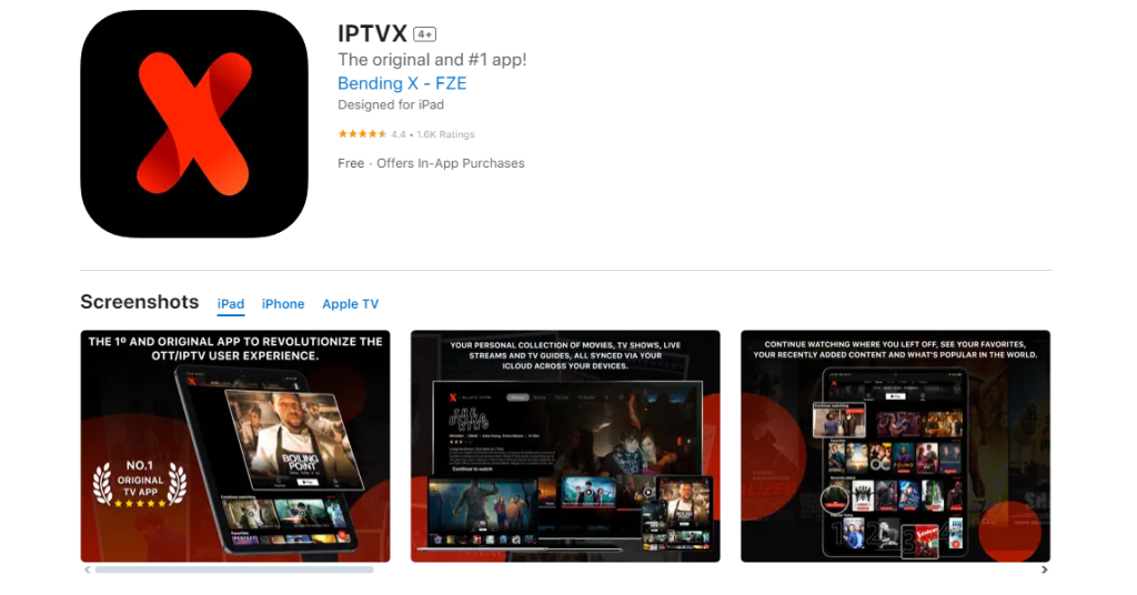 App IPTVX con logo X rojo-negro, calificación 4+, "app original #1", 4.4 estrellas y capturas de streaming.