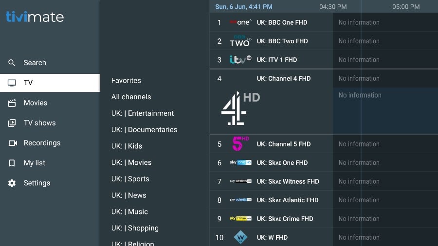 Interfaz principal de TiviMate mostrando una guía de canales británicos como BBC One, BBC Two, ITV, Channel 4 y otros.