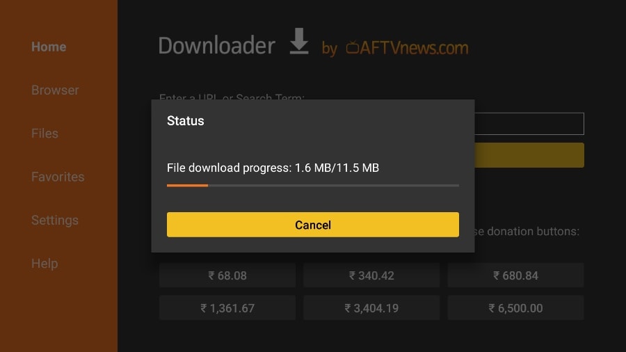 Ventana de estado de descarga en la aplicación Downloader. Muestra el progreso de descarga de un archivo: '1.6 MB/11.5 MB' con una barra de progreso naranja y un botón amarillo para cancelar.