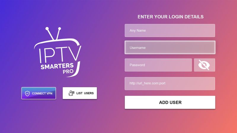 Pantalla de inicio de sesión de IPTV Smarters Pro que muestra los campos de códigos xtream.