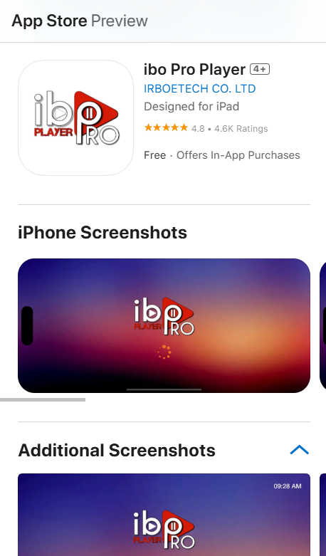 Página de ibo Pro Player en App Store con icono rojo, calificación 4+, 4.8 estrellas y vista previa de interfaz.