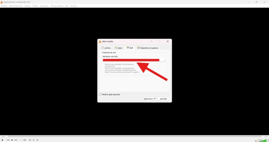 Ventana de VLC para introducir URL de stream IPTV