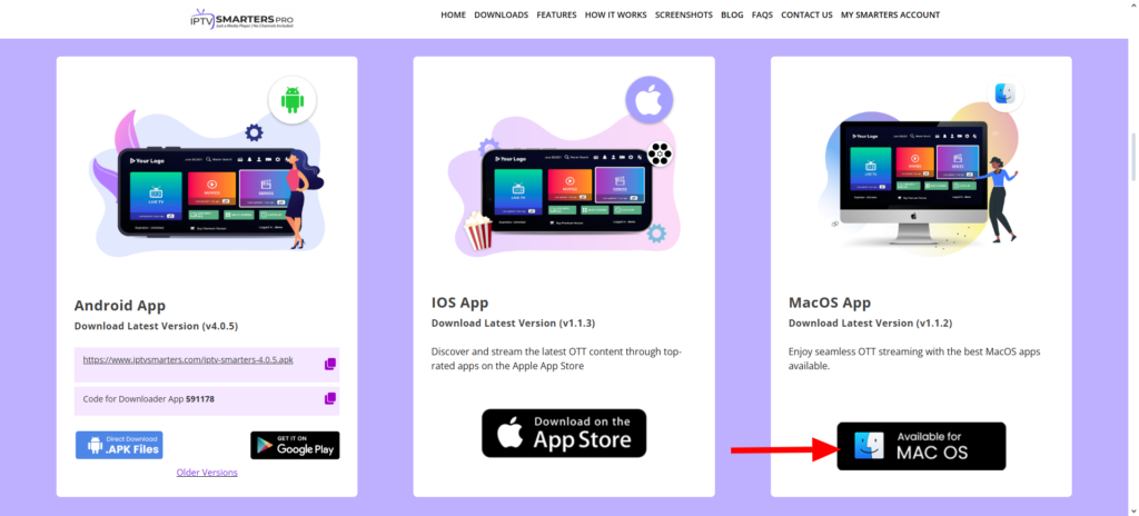 Interfaz de IPTV Smarters Pro mostrando opciones de descarga para Android, iOS y MacOS, con iconos coloridos y una flecha roja señalando el botón de descarga para Mac OS.