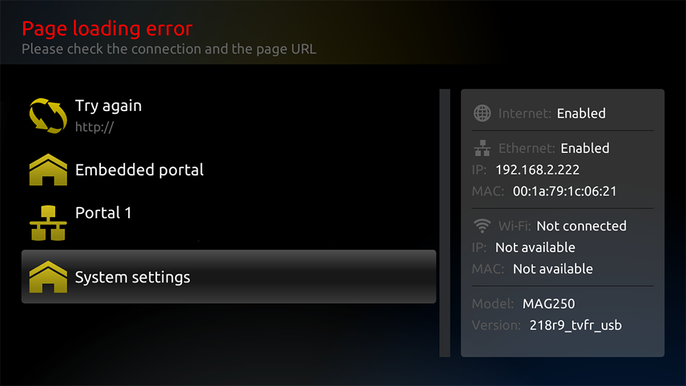 Pantalla de error de carga de página en un dispositivo MAG250, mostrando opciones de navegación y configuración del sistema con información de red.RetryClaude can make mistakes. Please double-check responses.