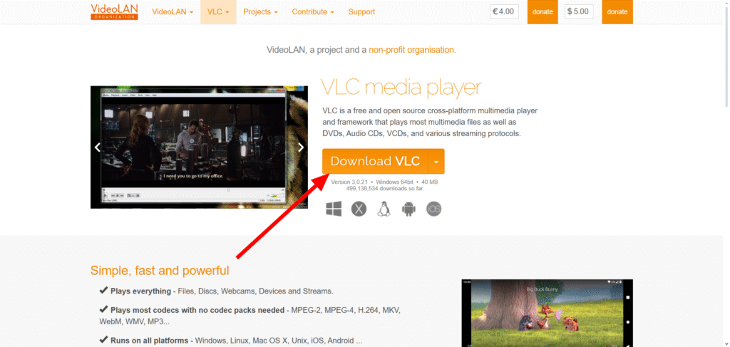 Página de descarga oficial de VLC con botón de descarga destacado