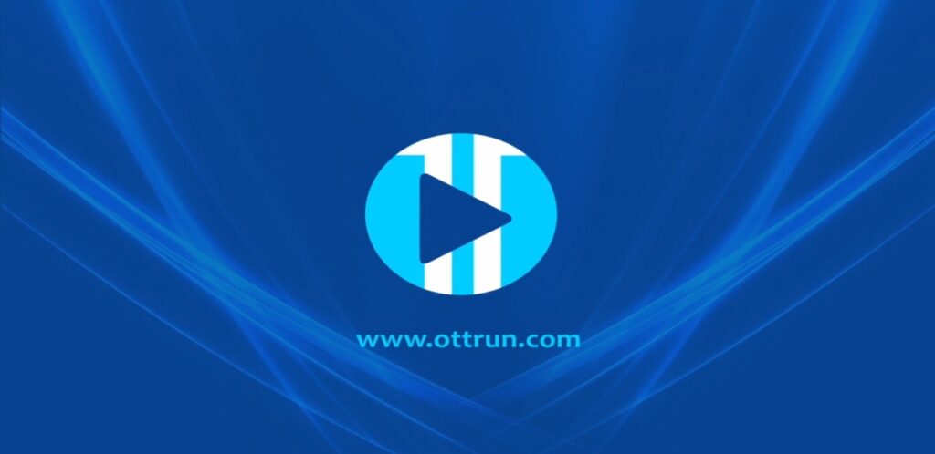 Logo de OTT Run con botón de reproducción en círculo azul y blanco sobre fondo azul con efectos radiantes y web www.ottrun.com.