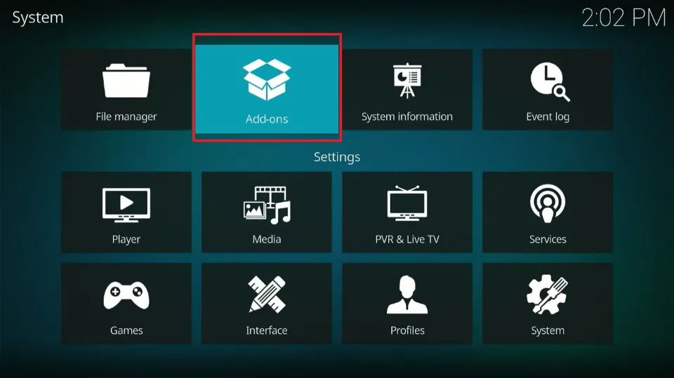 Pantalla inicial de Kodi con menú lateral y biblioteca vacía