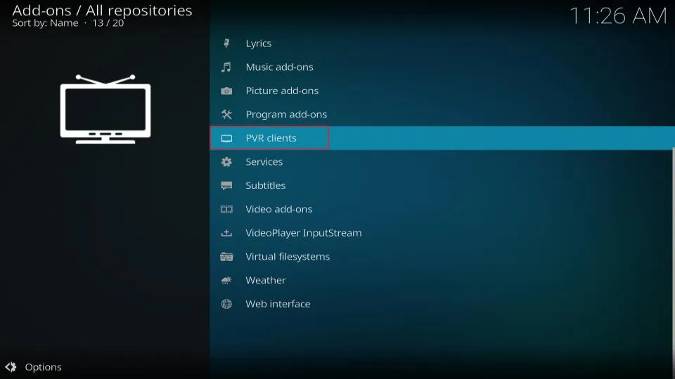 Categoría PVR clients seleccionada en el menú de repositorios