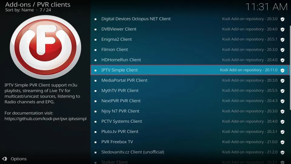 Lista de clientes PVR con IPTV Simple Client destacado