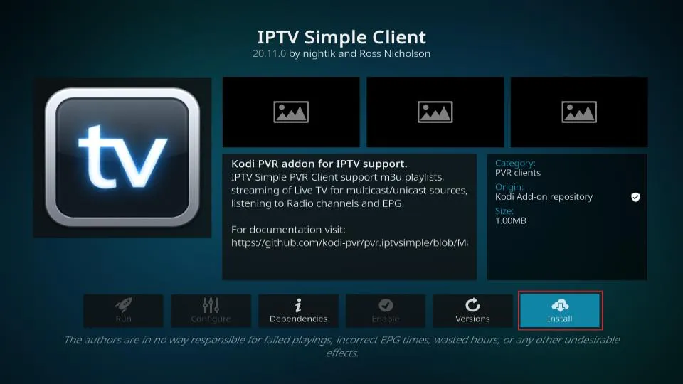 Pantalla de instalación de IPTV Simple Client en Kodi