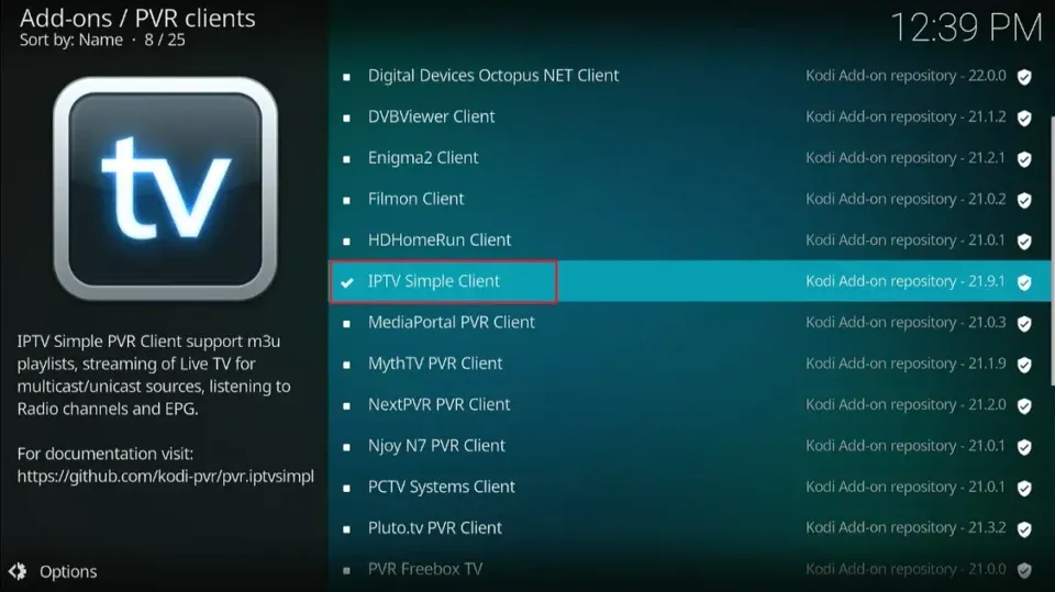IPTV Simple Client habilitado en la lista de clientes PVR