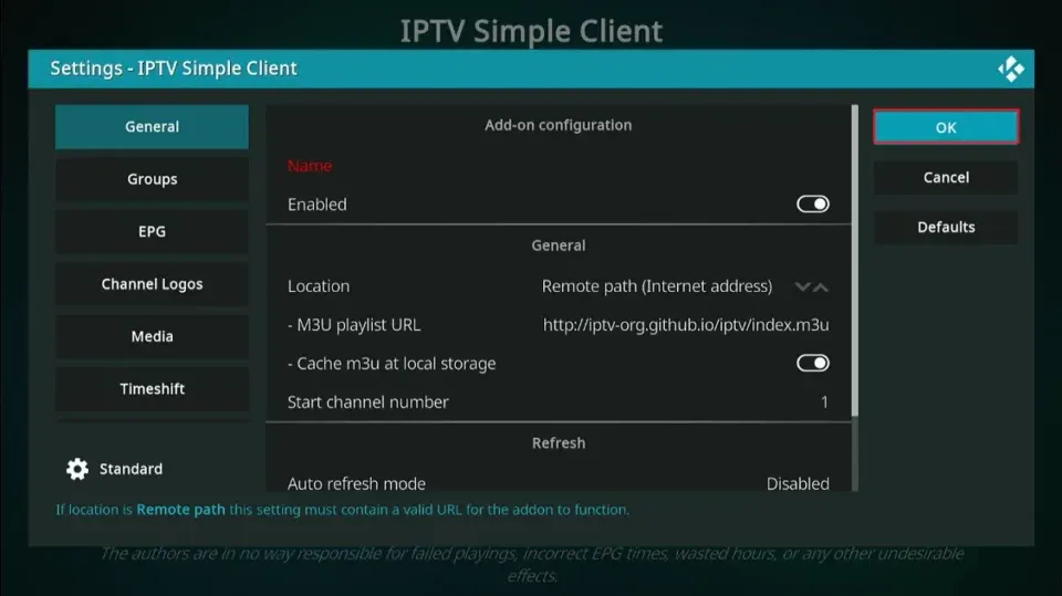 Configuración de URL M3U en IPTV Simple Client